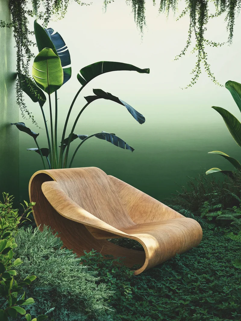 Illustrazione concettuale di una poltrona lounge in legno curvato